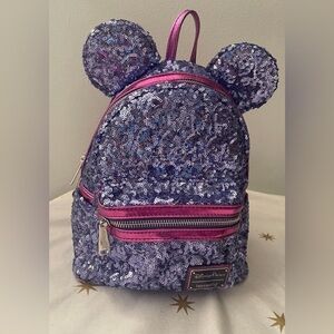 Disney Park Loungefly Minnie Mouse Sequin Purple Portion Minnie Backpack